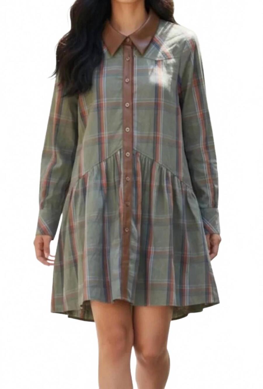 NEW THML plaid button up dress in green